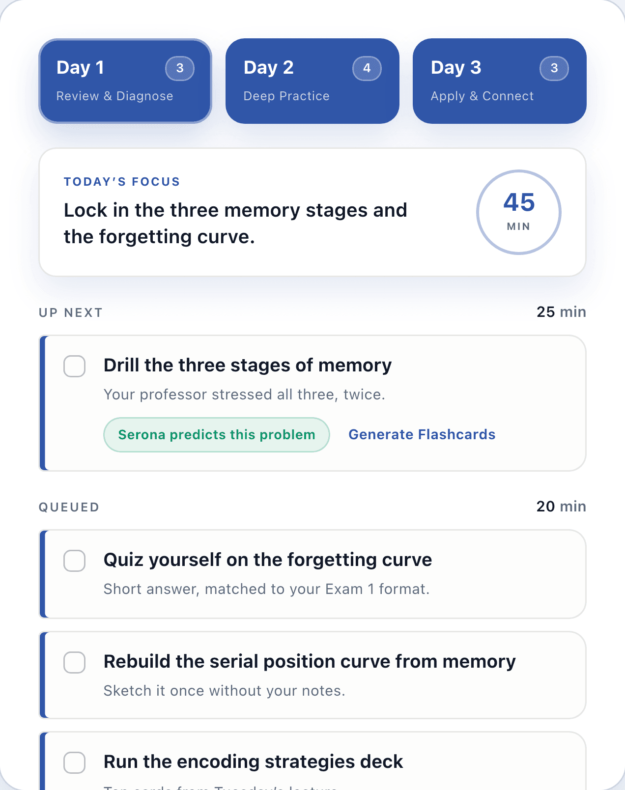 Serona Study Mode: a three-day practice plan where each step is ranked by how likely it is to appear on the exam.